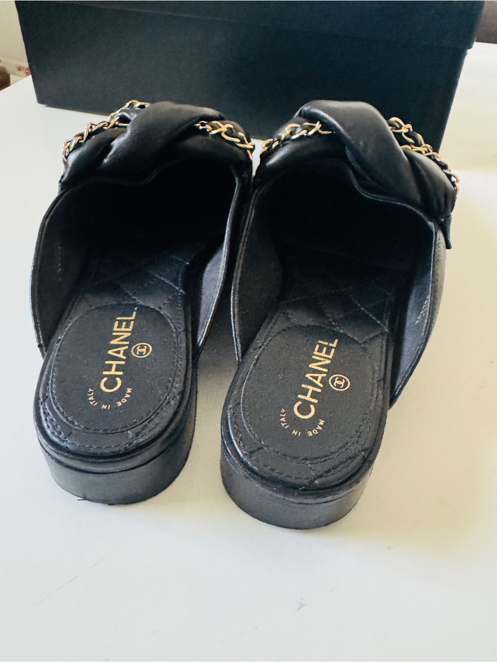 Authentic CHANEL Lambskin Chain Braided Flat Mules in Black and gold chain - Picture 11 of 13